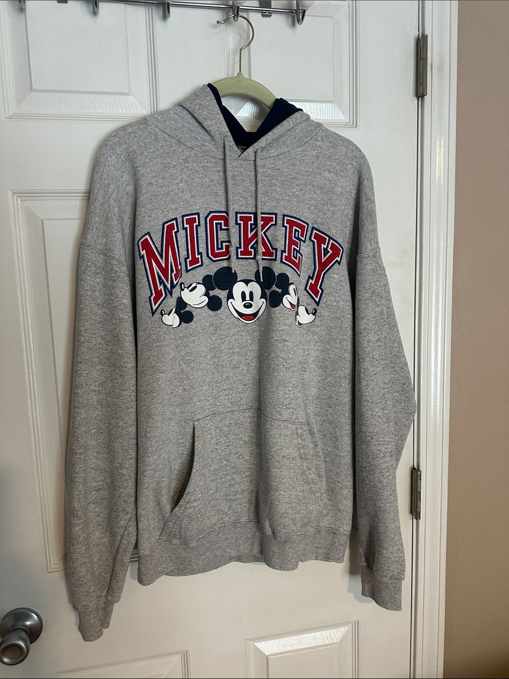 Vintage Disney Gray Hoodie with Red & Navy Mickey Graphic